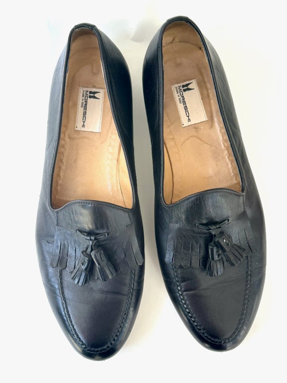 Men's Moreschi Italian Leather Tassel Kiltie Loafers Black Size 13